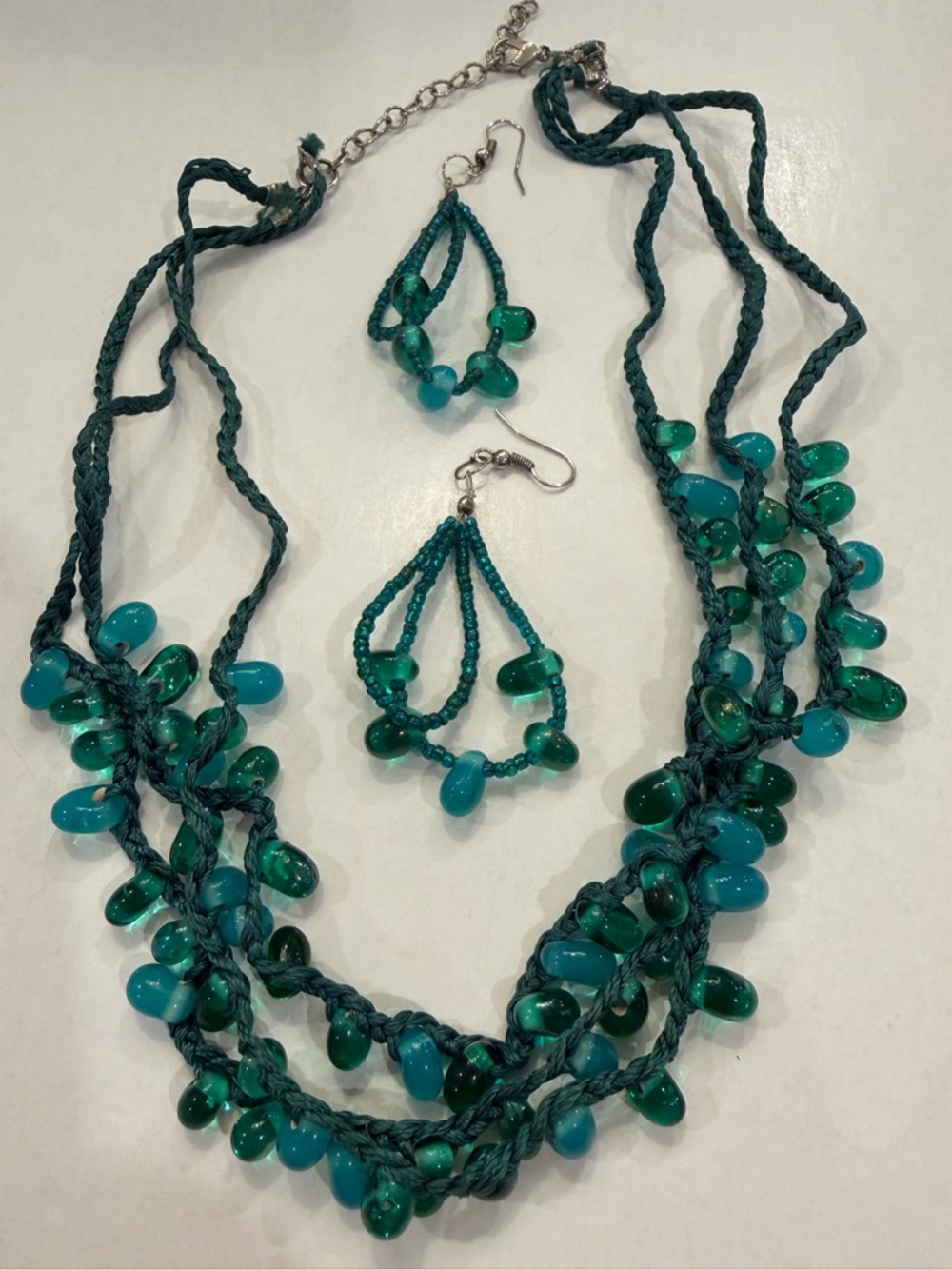 Teal Beaded Braided Necklace and Earrings Set - Women Jewelry
